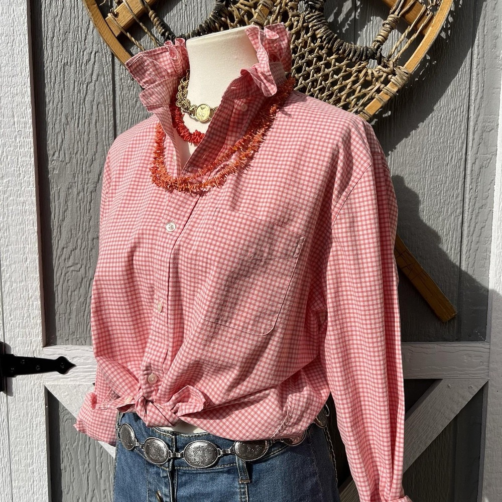 Upcycled Bonobos Prep Coral & White Micro Gingham Stretch Ruffle Collar Shirt L
